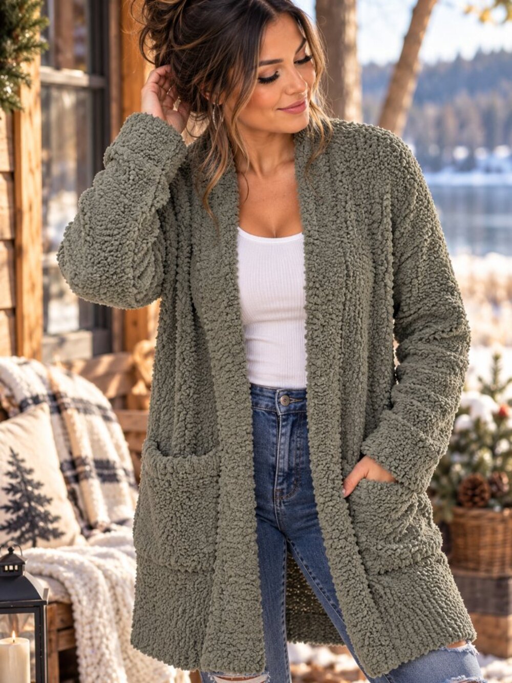 MEROKEETY Womens M Olive Green Fuzzy Sherpa Long Cardigan Pockets Cozy 125